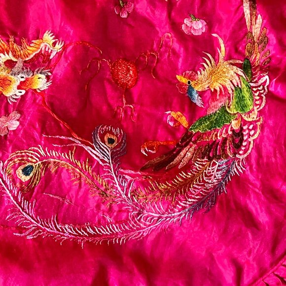 Embroidered Cushion Cover Pink Round Pleated Trim Dragon & Bird 18" D VTG READ - Picture 3 of 8